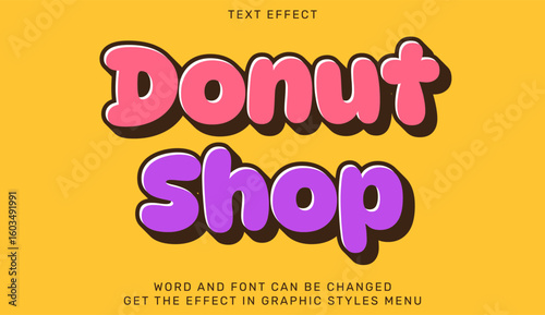 Colorful donut shop text effect with fun cartoon typography on yellow background