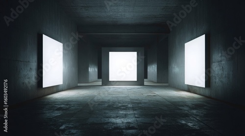 A dimly lit, concrete corridor features three blank, luminous canvases on each side, creating a stark and mysterious atmosphere