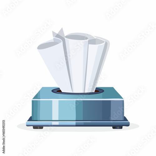 Napkin holder with tissues – Steel napkin holder with white napkins stacked.
