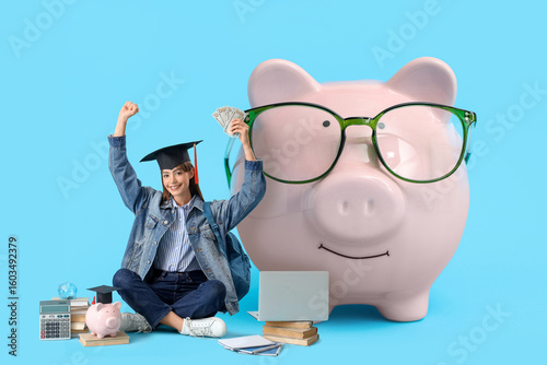 Piggy bank in eyeglasses on...