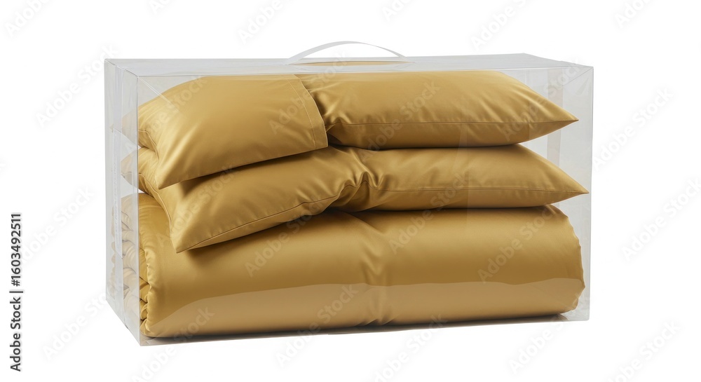 Obraz premium Mustard-colored bedding set in clear plastic box