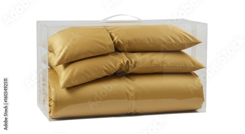 Mustard-colored bedding set in clear plastic box