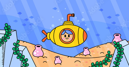 Vector illustration of a kid in a small yellow submarine exploring the ocean floor with corals, seaweed, and fish for kids content, underwater adventures, and educational materials