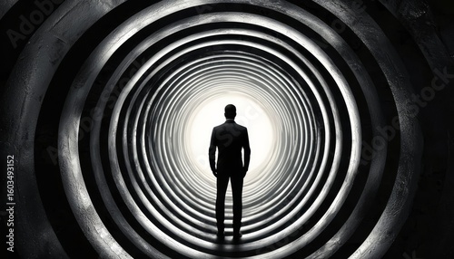Man in suit gazes into the light of a spiral tunnel.