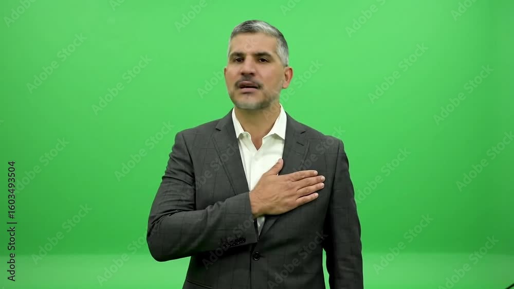 Man in gray suit with hand over his heart against bright green backdrop, looking at the camera with solemn expression Man in gray suit with hand over his heart against bright green backdrop, looking at the camera with solemn expression