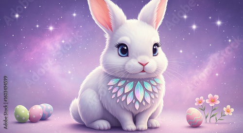 Fluffy white bunny with pastel eggs rabbit cute