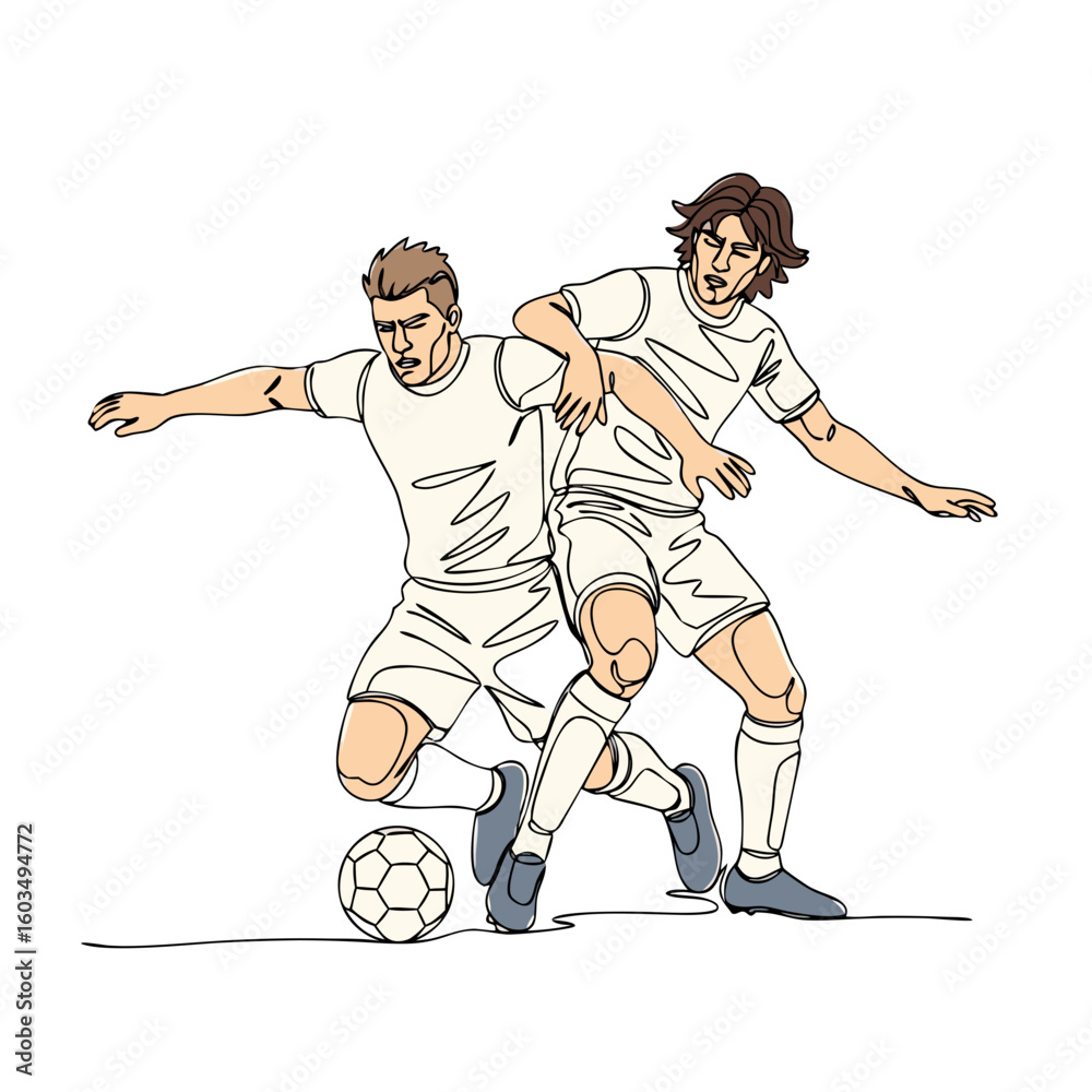 Fototapeta premium Two men soccer players in action fighting for ball. Football match concept. Vector illustration in one continuous line art style for sport design