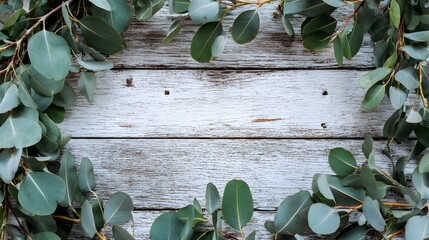 Eucalyptus wreath border on rustic white wooden background.

