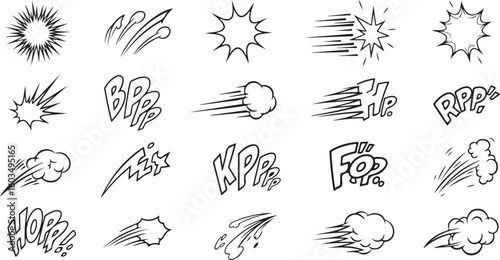 Collection of comic book action lines and sound effects isolated on transparent background