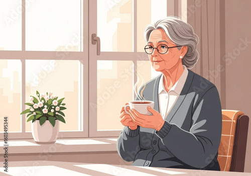 Flat vector illustration of an elderly woman drinking tea in a cozy kitchen