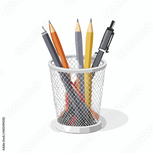Pencil holder with pens – Mesh cup packed with writing tools.
