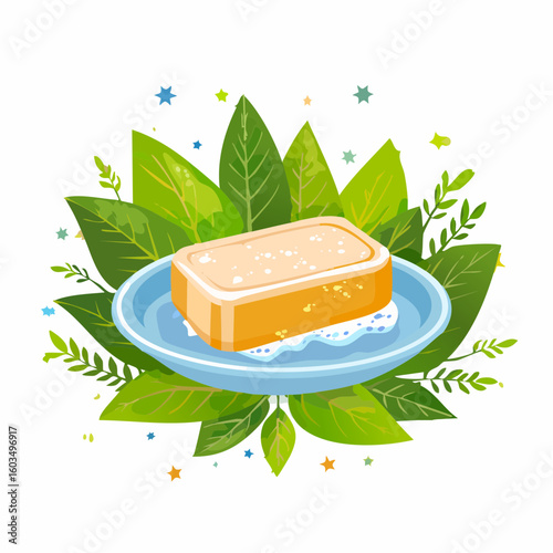 Soap bar on dish – Used soap bar with water stains.
