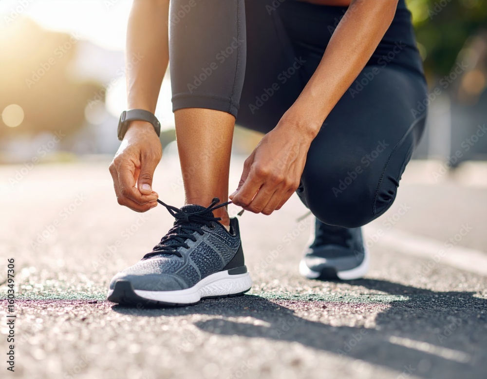 Obraz premium Hands, runner or tie shoes in street for cardio training, running exercise and fitness workout in footwear.