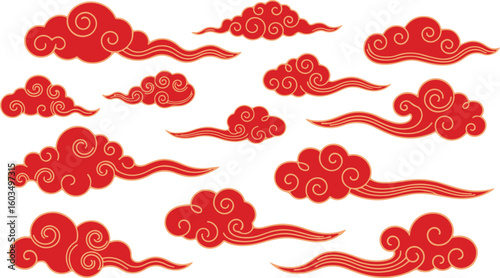 Collection of traditional red chinese clouds isolated on transparent background