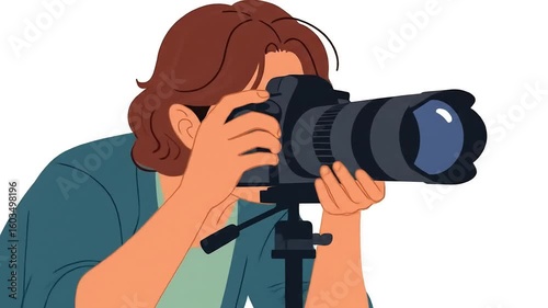 Woman Taking Photo Using Camera on Tripod Isolated