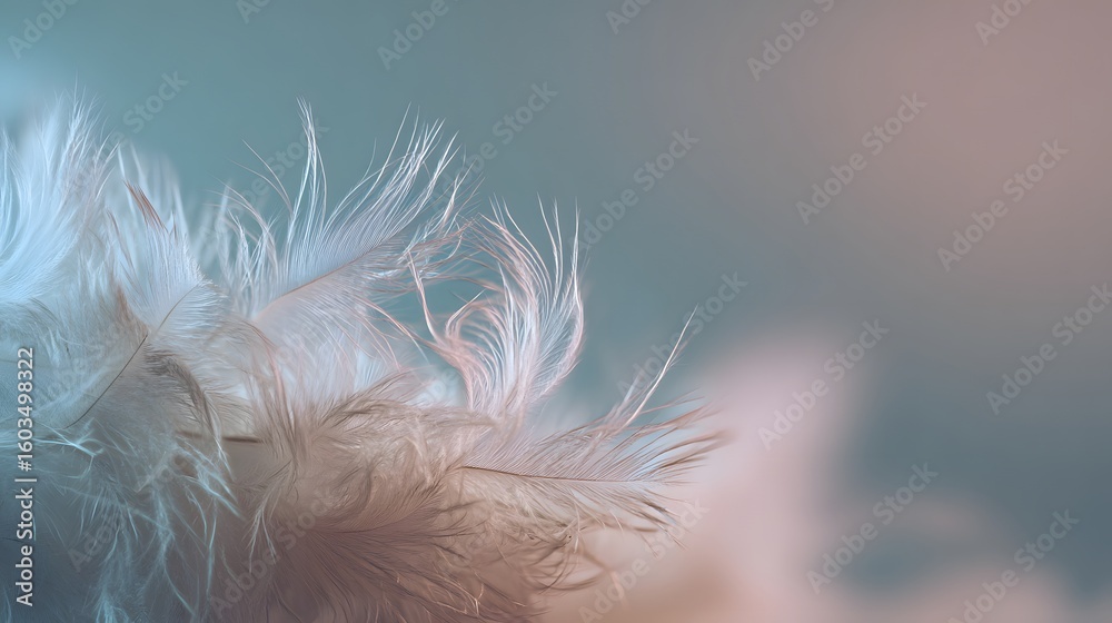 Delicate white feathers against soft blue and pink dreamy gradient background. Delicate white feathers against soft blue and pink dreamy gradient background.