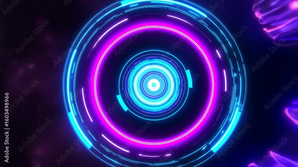 Futuristic neon circles and abstract shapes create a hi tech background