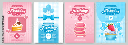 Set of colorful birthday party invitation cards with desserts like cake, macaron, and cupcake, in flat cartoon style on patterned backgrounds. Vector illustrations set