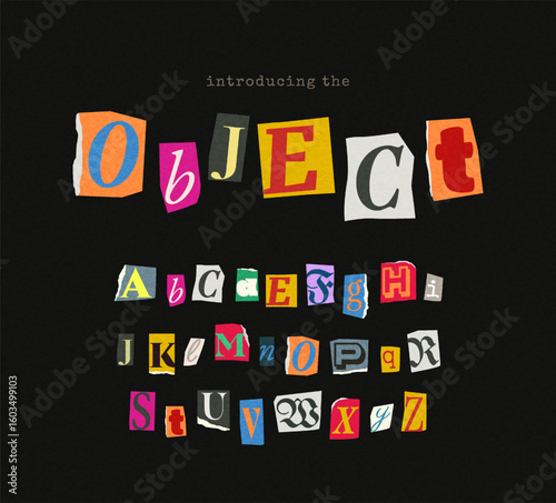 Cut-out ransom-style alphabet made from colorful paper letters in mixed fonts and colors on a plain black background. Concept of creativity and typography. Vector illustration