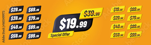Set of bold discount price tags with various dollar values, modern graphic style, on gradient orange background. Concept of sales promotion. Vector illustration