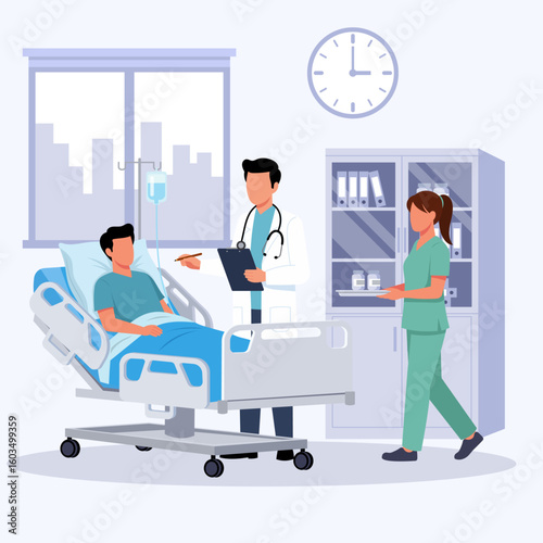 Illustration of a doctor and nurse attending to a patient in a hospital bed with an IV drip, symbolizing inpatient care and medical treatment.