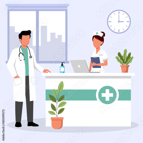 Illustration of a doctor and nurse at a hospital reception desk, symbolizing medical administration and patient service.