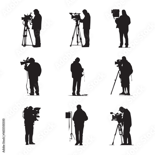 vector illustration of cameraman silhouette set, Black & White silhouette set