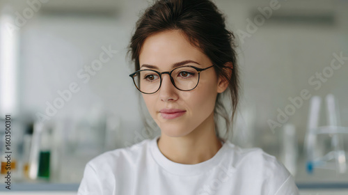 focused lab technician wearing glasses carefully analyzes sample on right side of frame