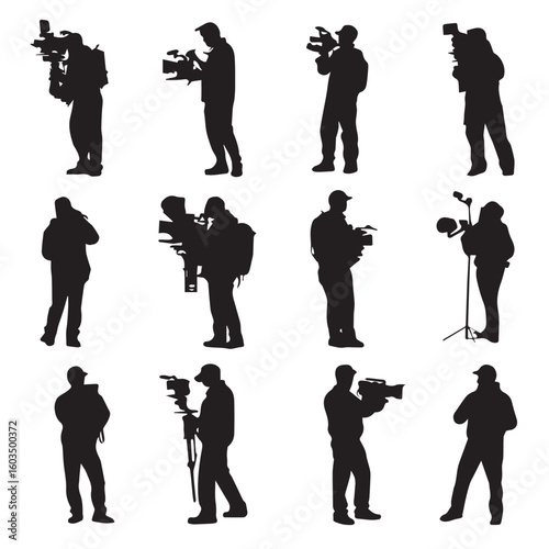 vector illustration of cameraman silhouette set, Black & White silhouette set