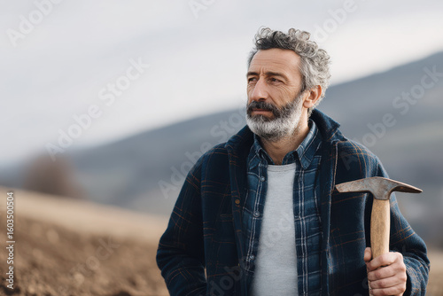 thoughtful geologist stands in left part of frame holding tools that reflect their expertise