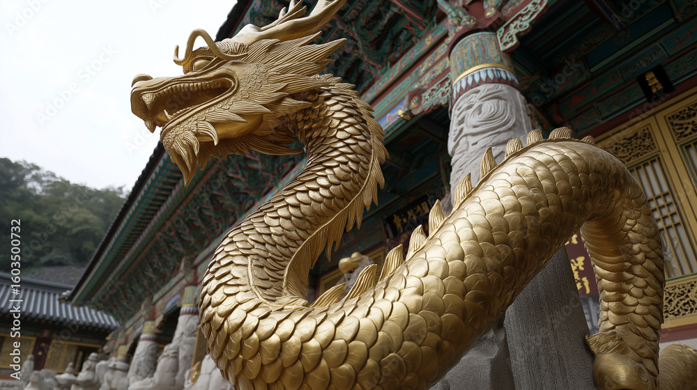 Fototapeta premium Golden Dragon Statue In Korean Temple