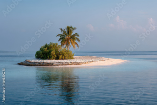 tranquil island archipelago in maldives captures golden hours soft light highlighting solitary palm tree standing