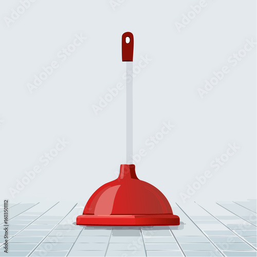 Plunger standing upright – Rubber plunger resting on tile floor.
