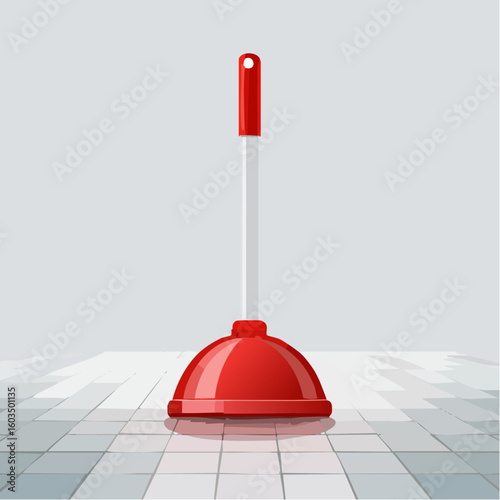 Plunger standing upright – Rubber plunger resting on tile floor.
