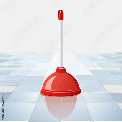 Plunger standing upright – Rubber plunger resting on tile floor.
