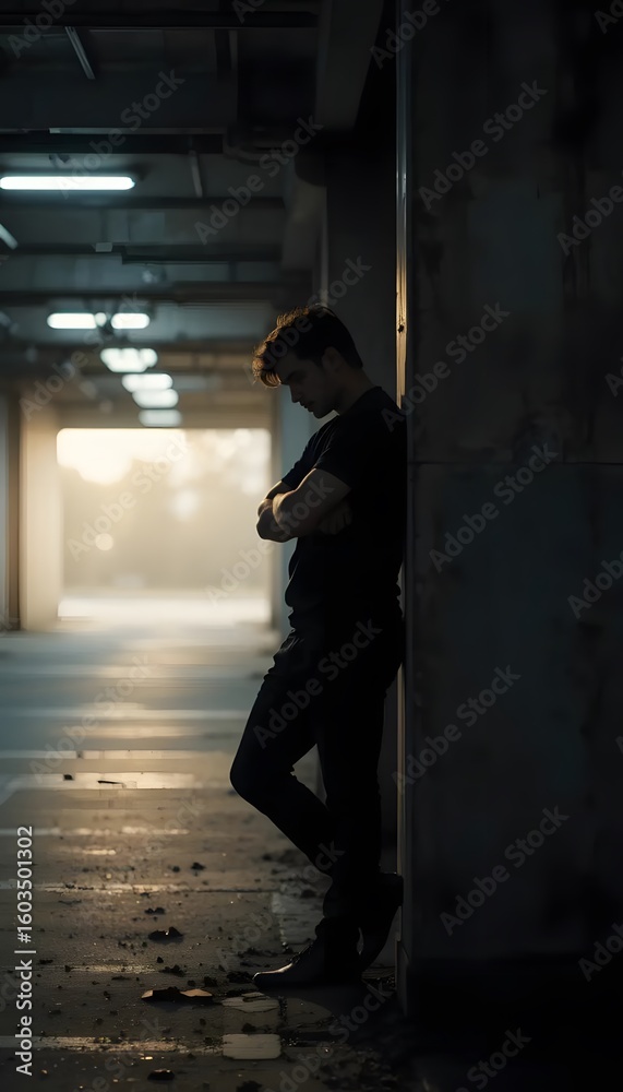 Fototapeta premium Portrait of a sad man leaning against wall in dark alleyway feeling lonely and depressed