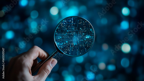 a magnifying glass examining electronic circuit boards with beautiful bokeh