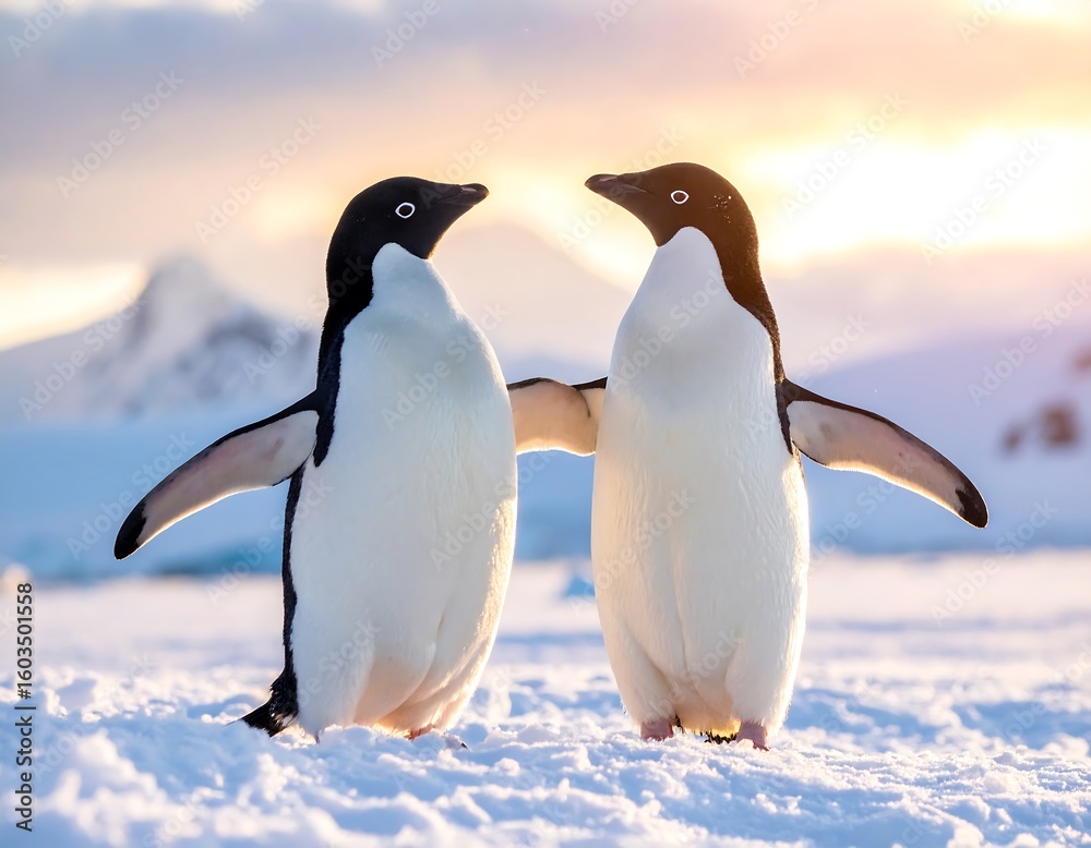 Obraz premium Two penguins facing each other on snow