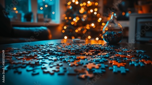 Christmas jigsaw puzzle scattered on a table, bokeh lights in background