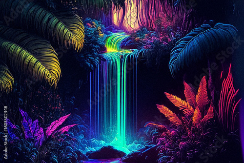 Rainbow Waterfall in a Fantasy Jungle