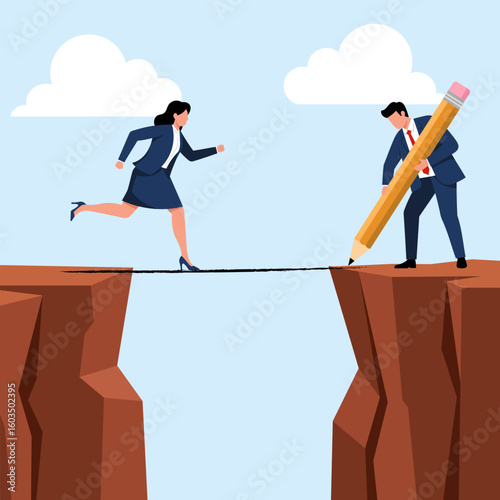 Illustration of a businesswoman crossing a gap on a tightrope drawn by a businessman, symbolizing teamwork and bridging obstacles.