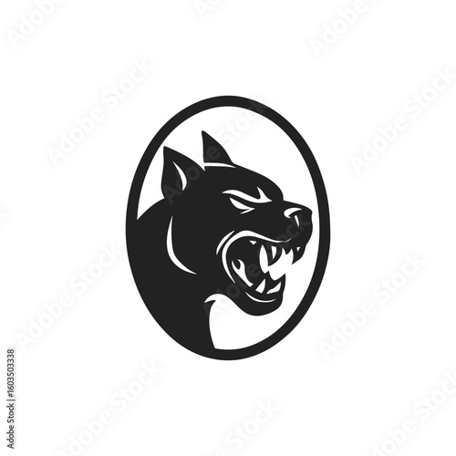 Aggressive dog head inside shield emblem vector logo, isolated on white background, generative ai