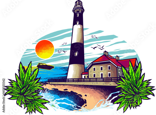 Vector sketch illustration silhouette design image of a lighthouse pointing the direction on a beautiful island for t-shirt screen printing image