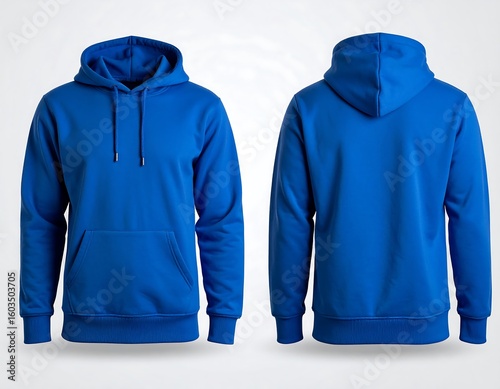 Two views of a royal blue hoodie