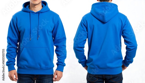 Two views of a royal blue hoodie