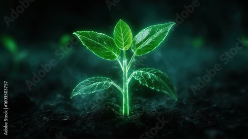 A glowing green plant sprouts from dark soil, radiating digital energy, symbolizing futuristic growth and sustainability.