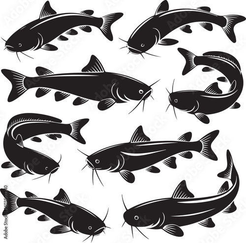 Catfish Silhouette Vector Set Black Fish Design Bundle on White Background