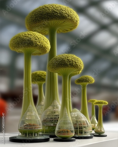 A row of futuristic tree-like structures with green canopies and transparent bases resembling eco buildings.
