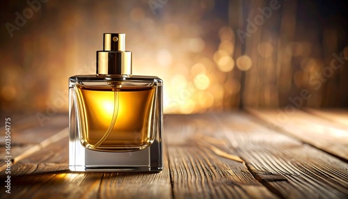 Amber perfume bottle on rustic wood