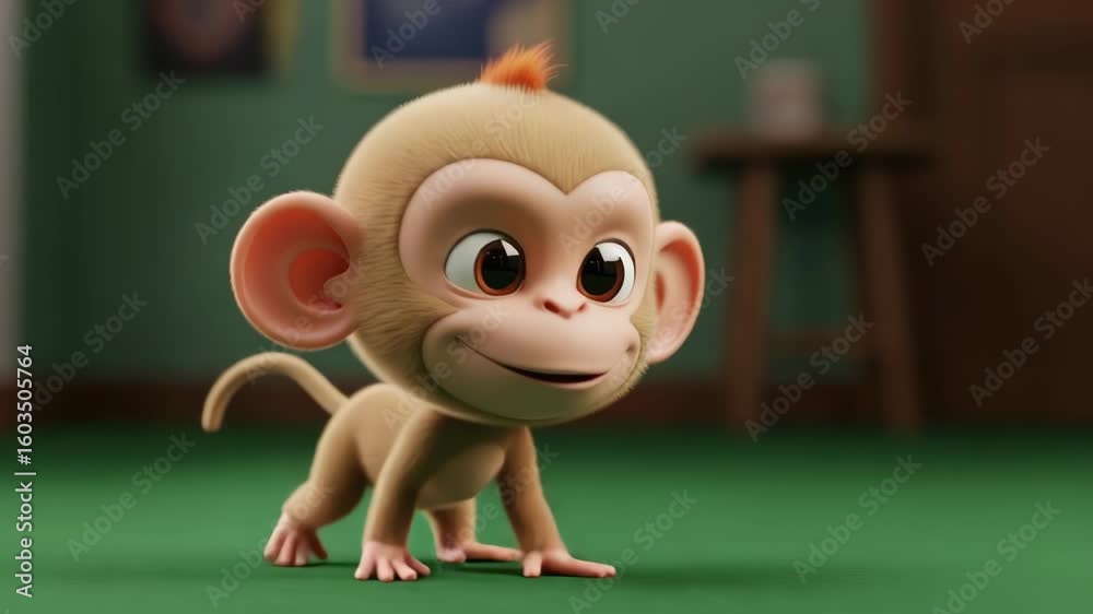 Animated cute monkey walking and playing on a green field background. Smiling monkey with orange